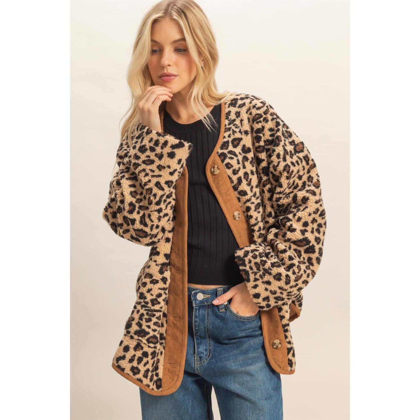Button Front Leopard Sherpa Jacket: TAUPE COMBO