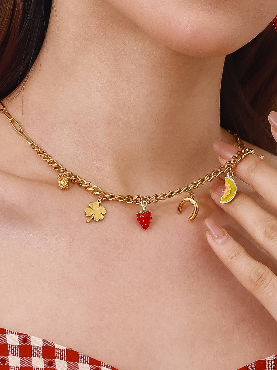 Marinha 18K Gold Non-Tarnish Fruit and Charms Necklace: Multi-Colored