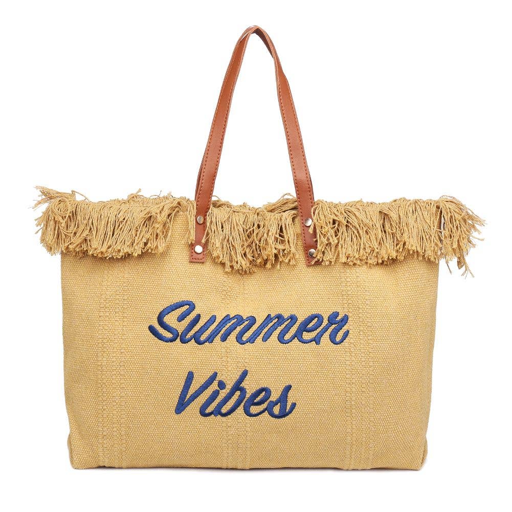 Summer Vibes Fringe Beach Tote: Natural