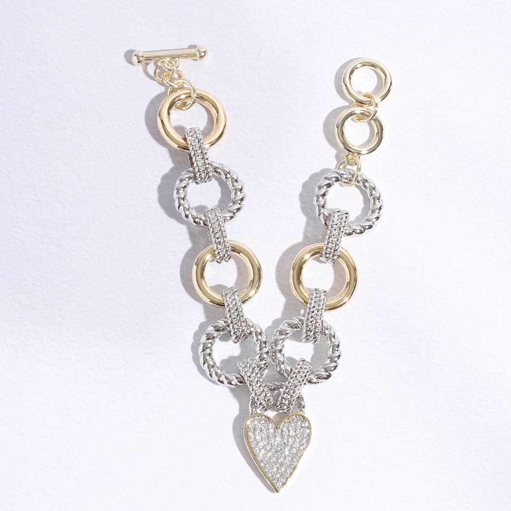 Pave Heart Charm Link Chain Bracelet: BK / ONE SIZE