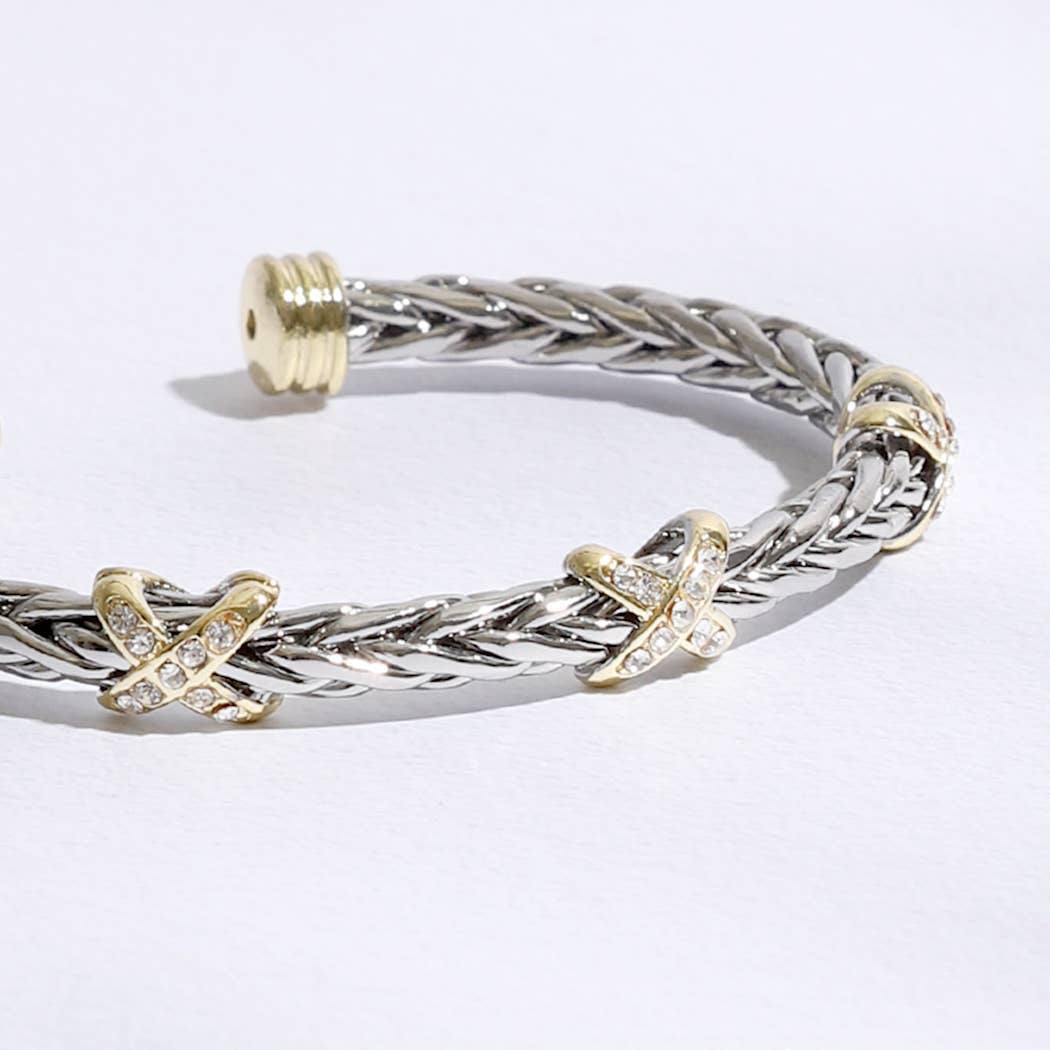 Three CZ X Stations Braided Bangle Bracelet: MULTI / ONE SIZE