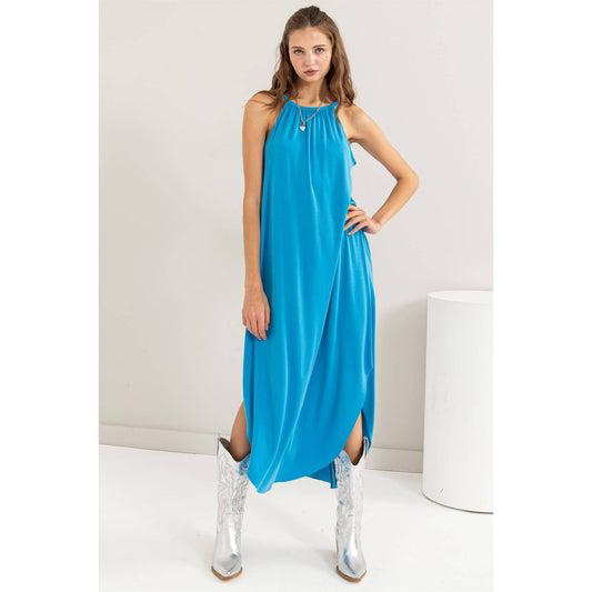 Halter Neck Asymmetrical Midi Dress: BLUE