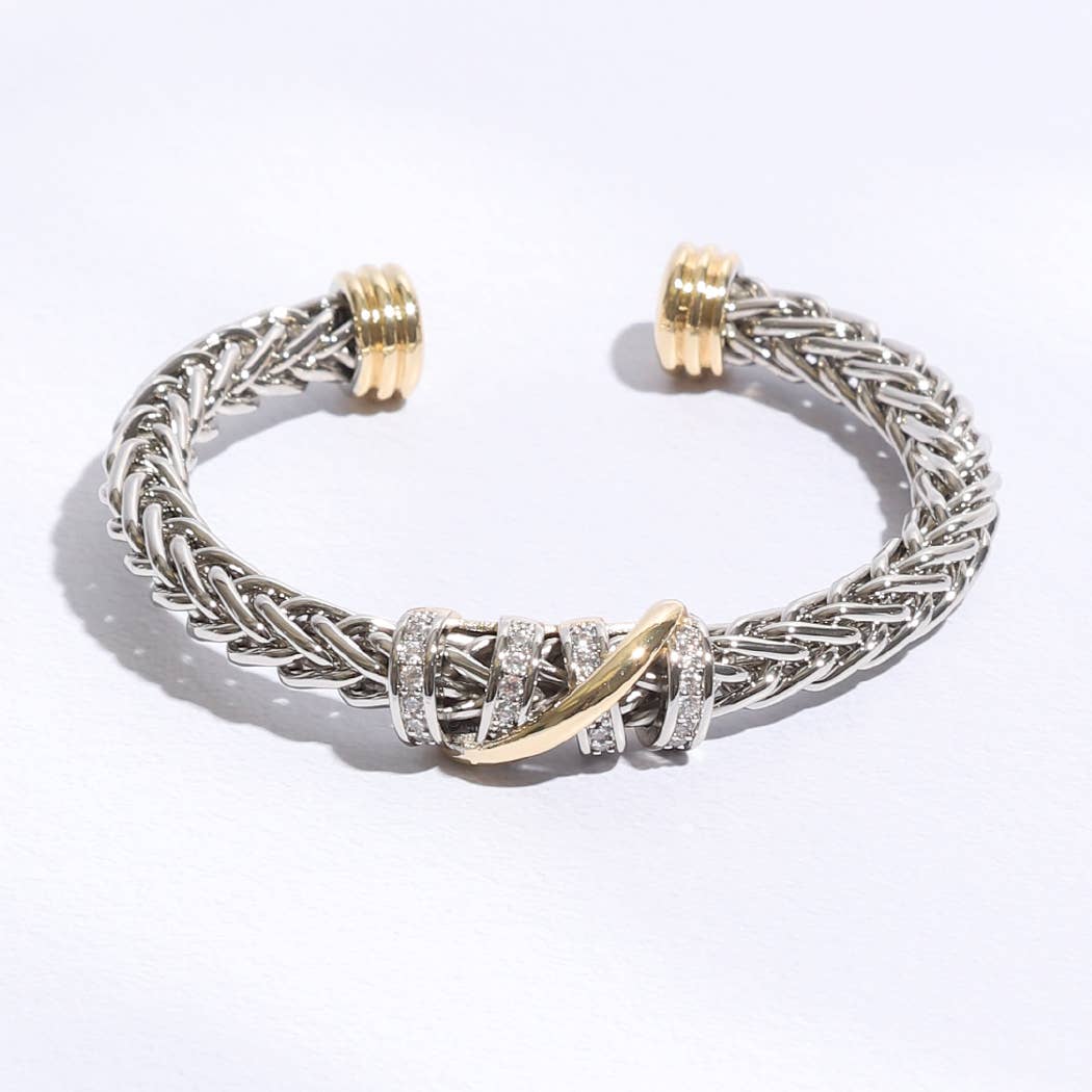 Ponytail 7MM Cross Pave Bar Bangle Bracelet: BK / ONE SIZE