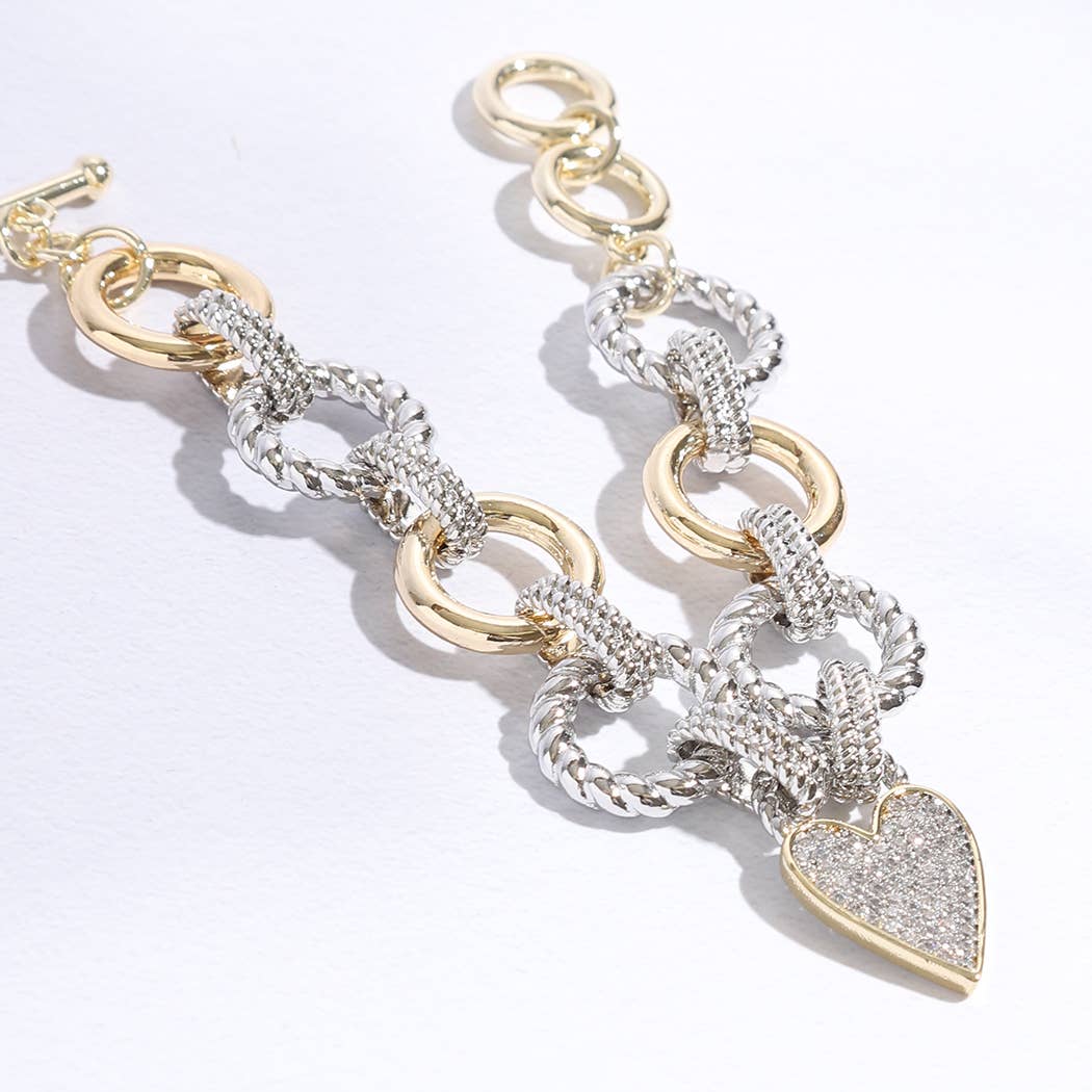 Pave Heart Charm Link Chain Bracelet: BK / ONE SIZE