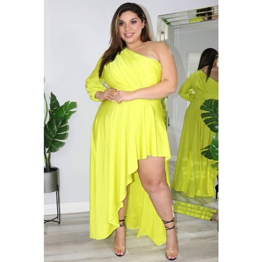 ONE SHOULDER HI LO HEM DRESS: NEON PLUS
