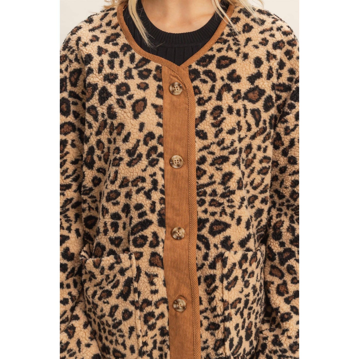 Button Front Leopard Sherpa Jacket: TAUPE COMBO