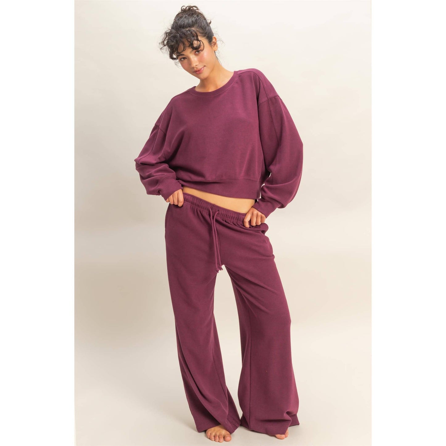 Soft Ribbed Relaxed Fit Sweatshirt: DARK CHERRY /