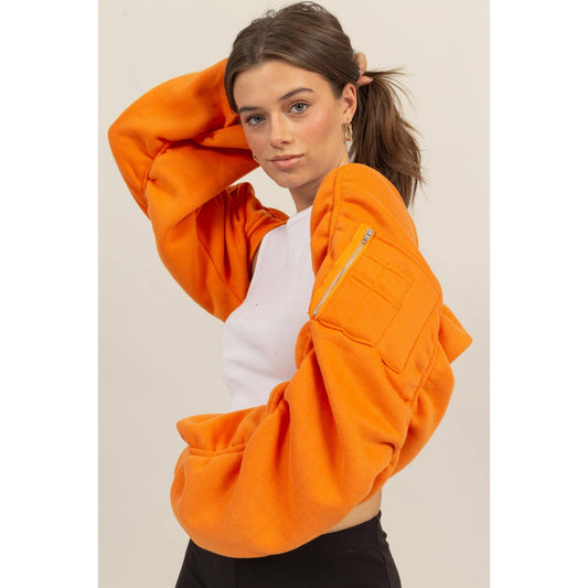 Ruched French Terry Bolero Bomber Jacket: ORANGE