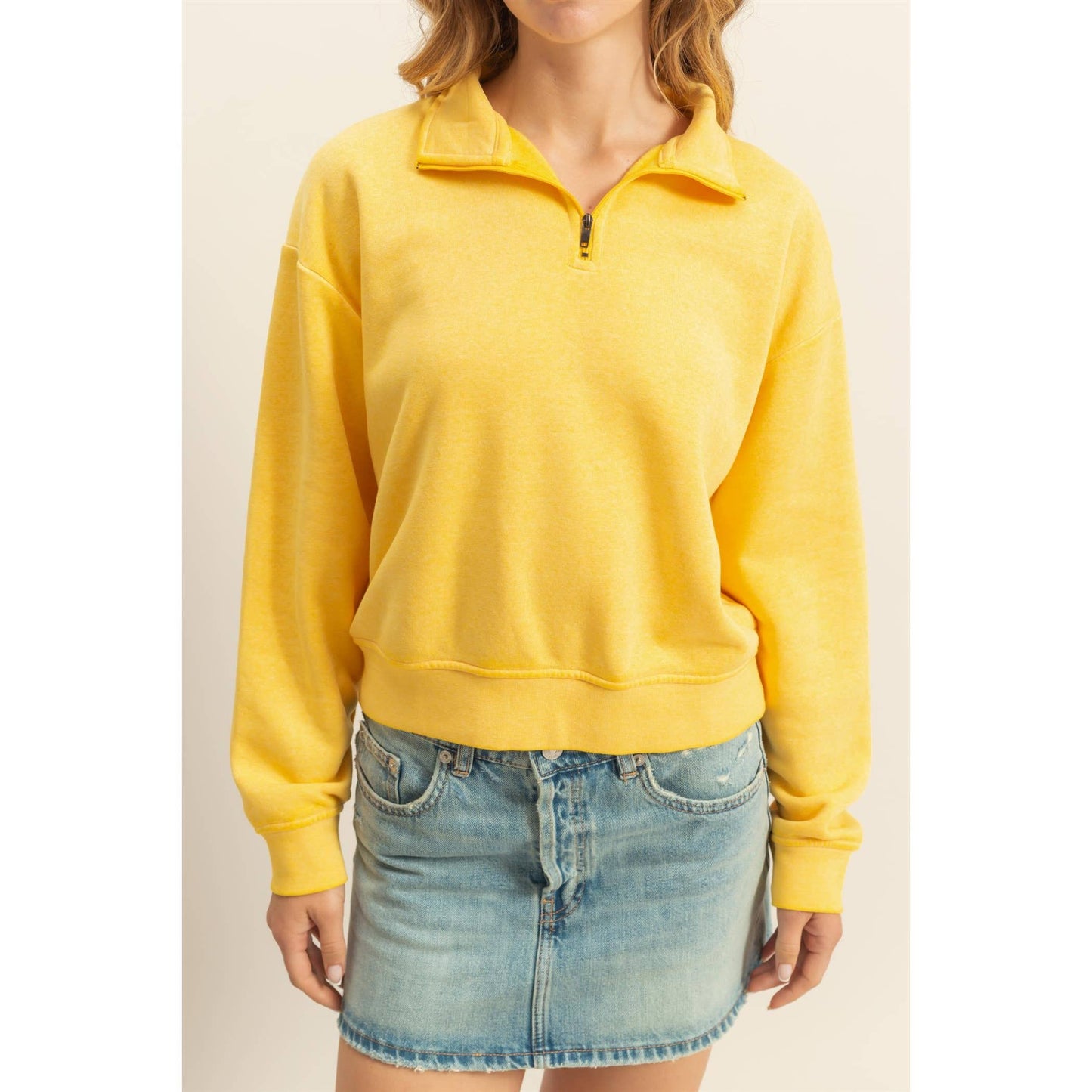 Pullover Half Zip Up Terry Sweatshirt: SUNFLOWER