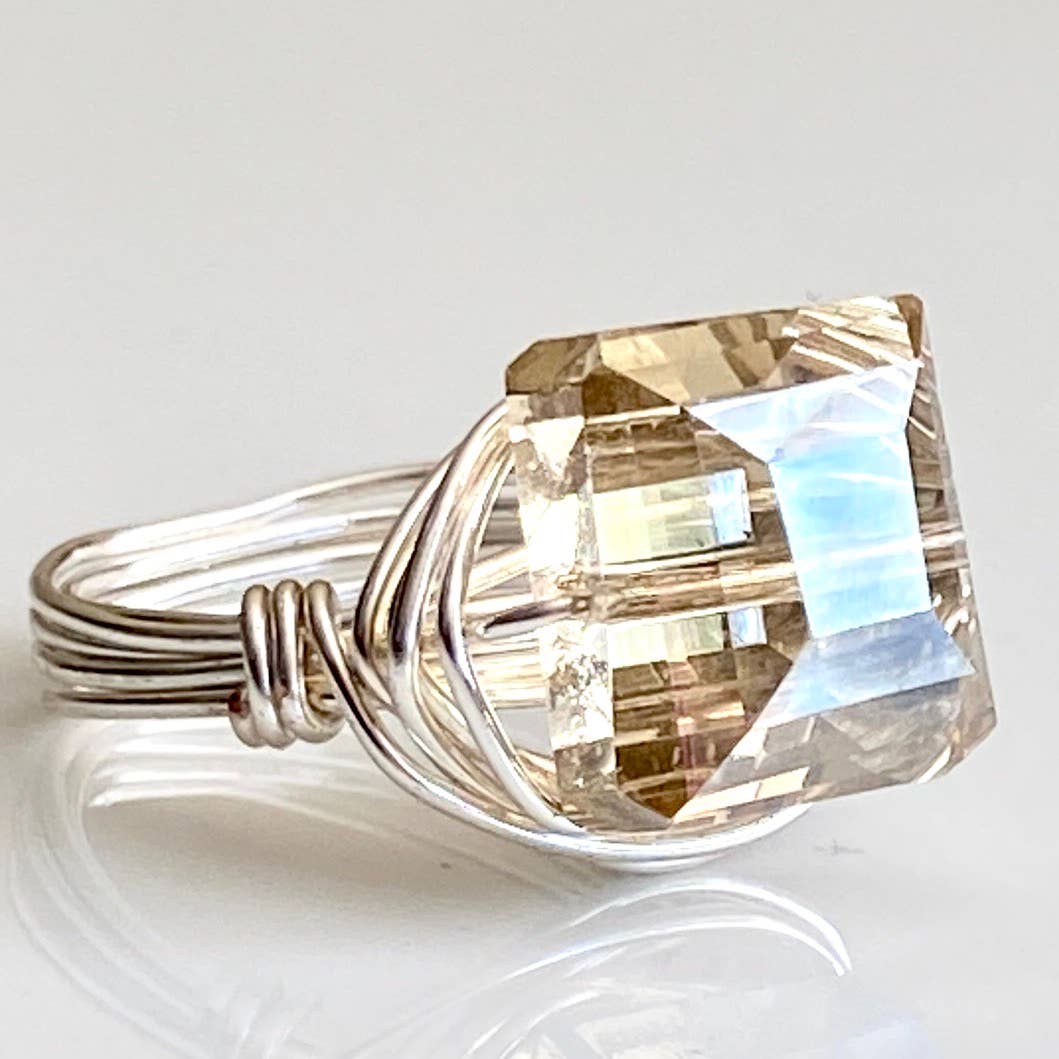 Champagne Square Crystal Silver Ring: Champagne / Silver / 7