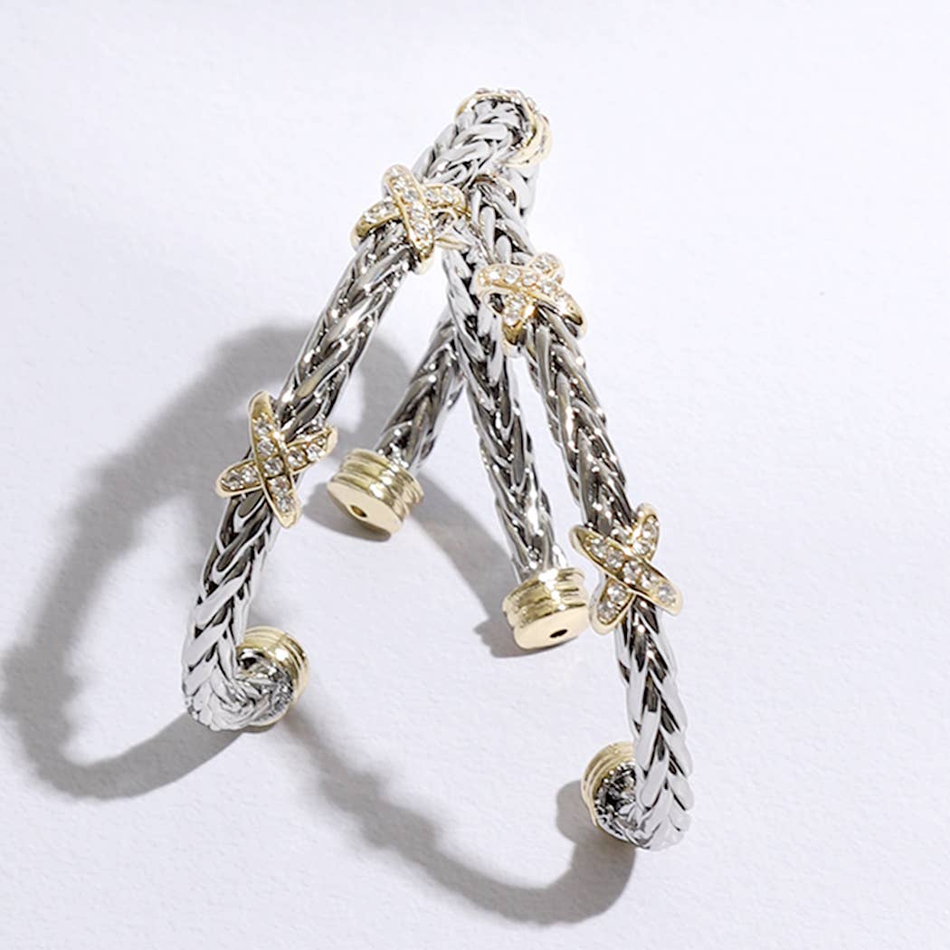 Three CZ X Stations Braided Bangle Bracelet: MULTI / ONE SIZE