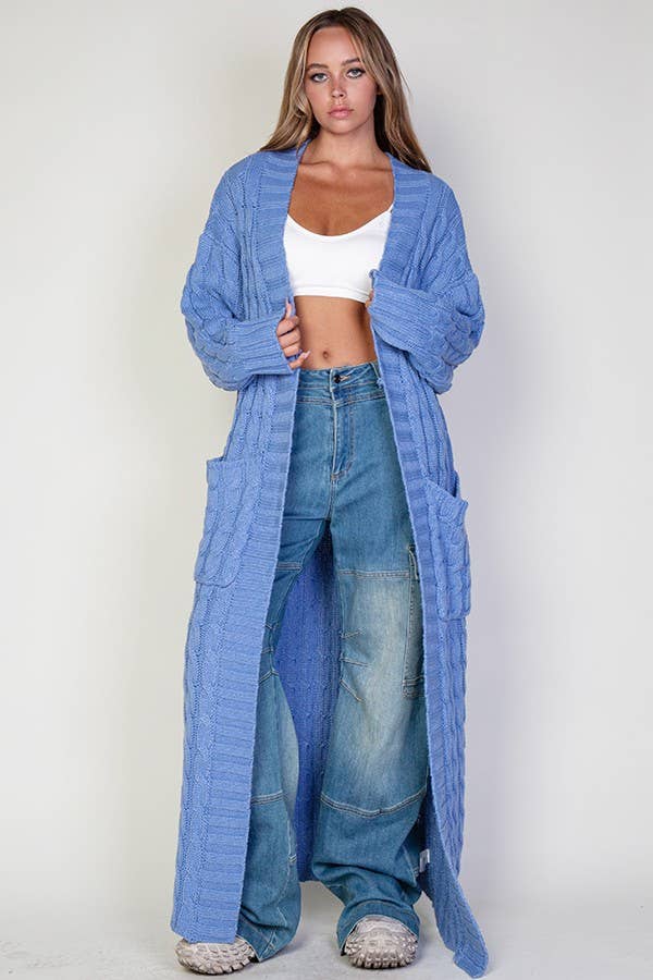 OVERSIZED MAXI CABLE KNITTED SWEATER CARDIGAN: Dusty Blue  1/9/2025 instock