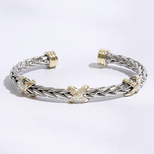 Three CZ X Stations Braided Bangle Bracelet: MULTI / ONE SIZE