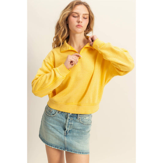 Pullover Half Zip Up Terry Sweatshirt: SUNFLOWER