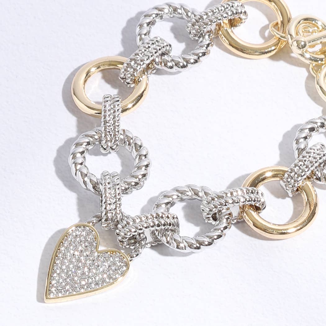 Pave Heart Charm Link Chain Bracelet: BK / ONE SIZE