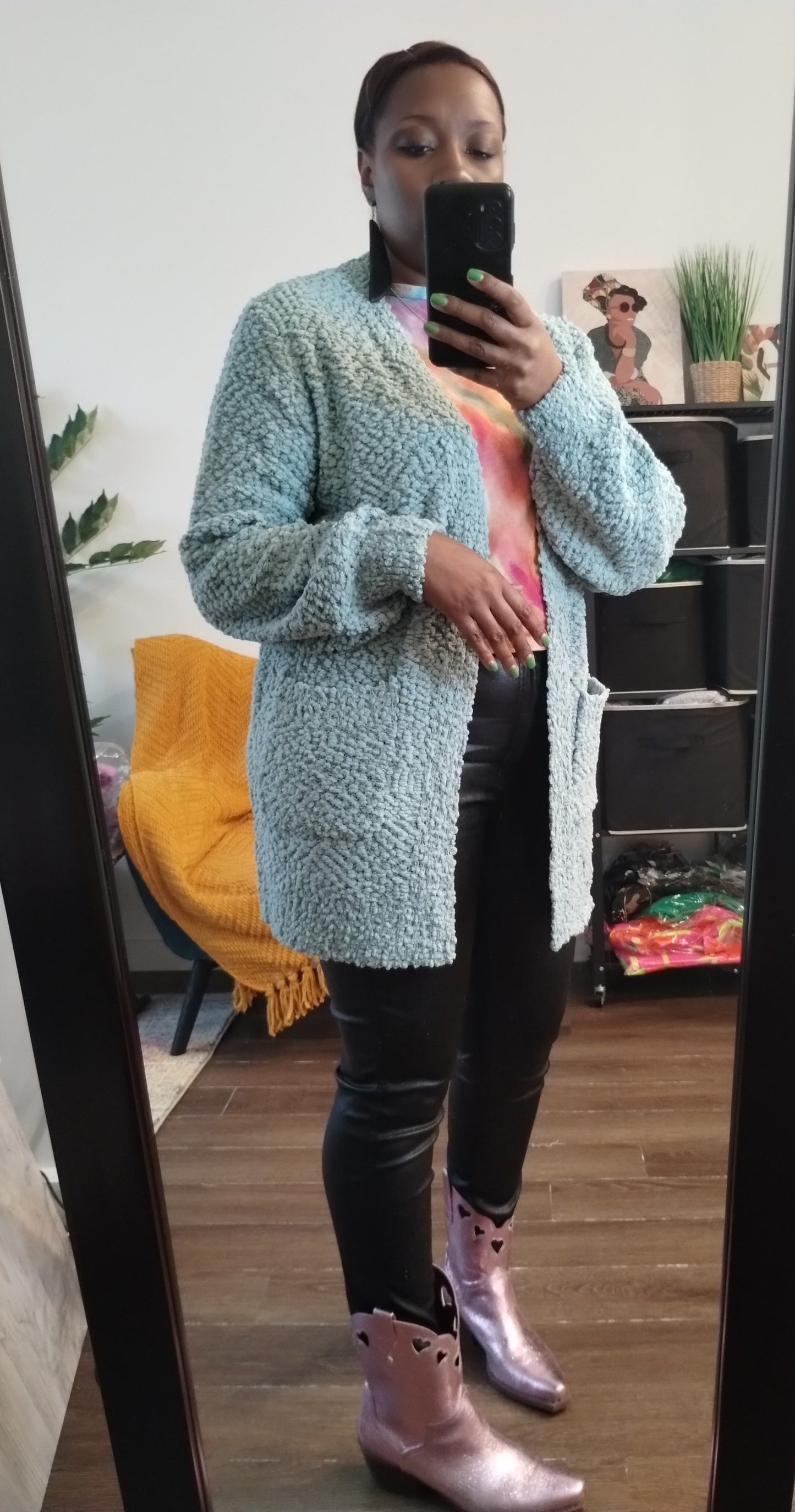 Mint Green Cozy Popcorn Sweater with pockets