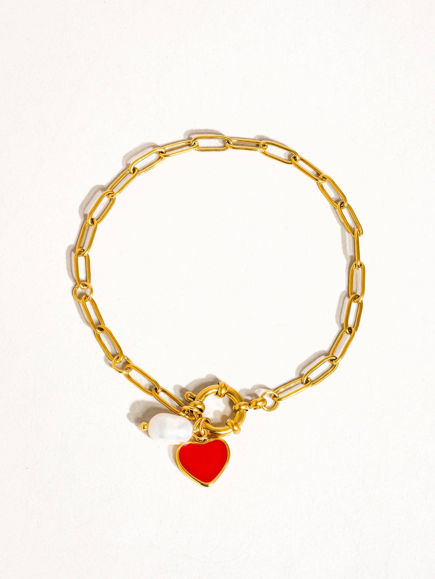 Eulalie 18K Gold Non-Tarnish Heart Pearl Chain Bracelet: Red