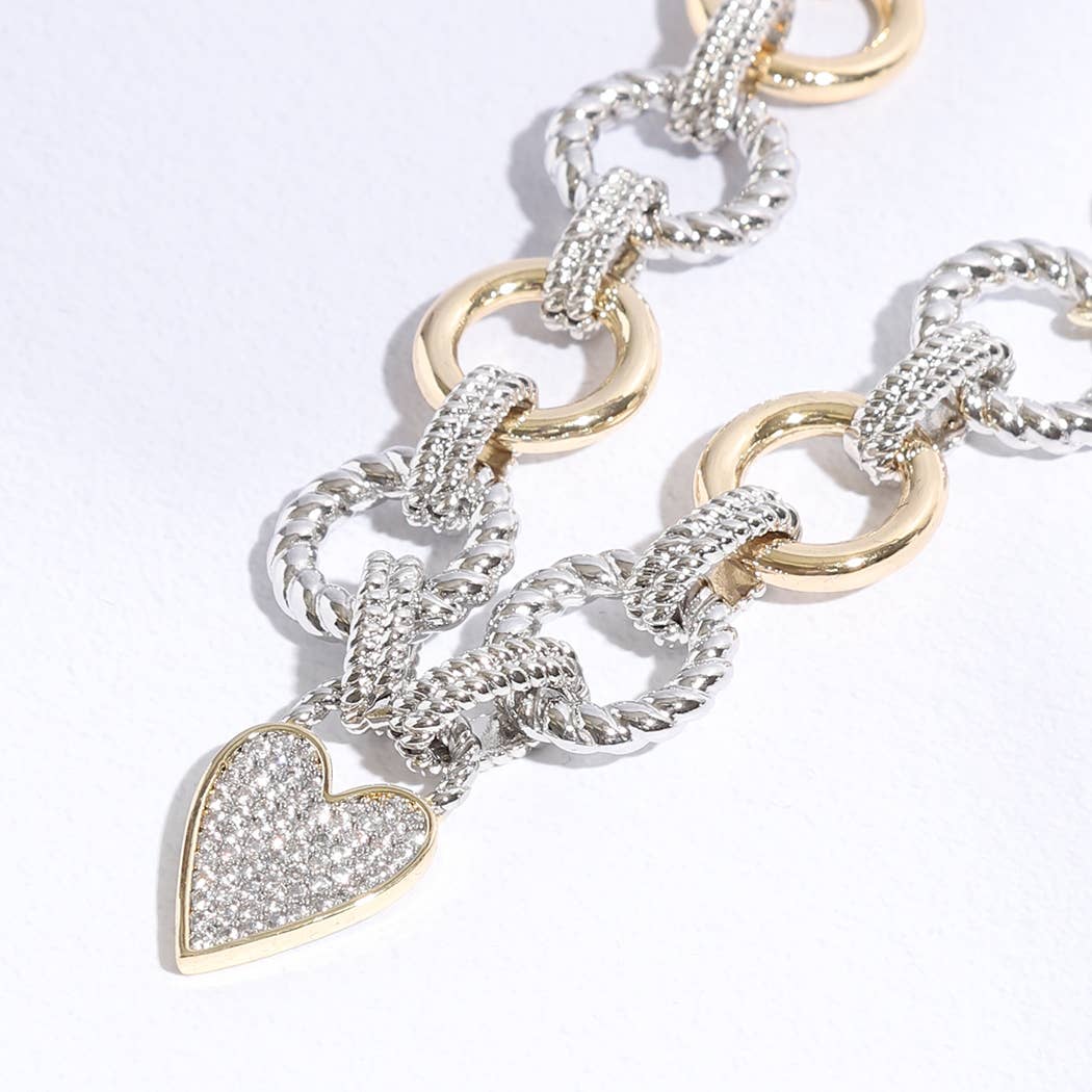 Pave Heart Charm Link Chain Bracelet: BK / ONE SIZE