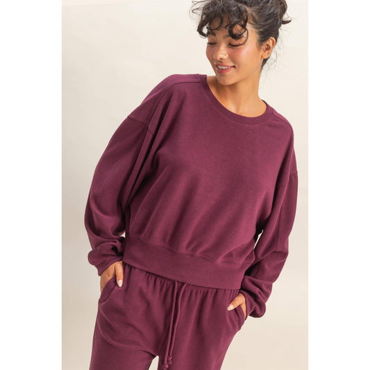 Soft Ribbed Relaxed Fit Sweatshirt: DARK CHERRY /