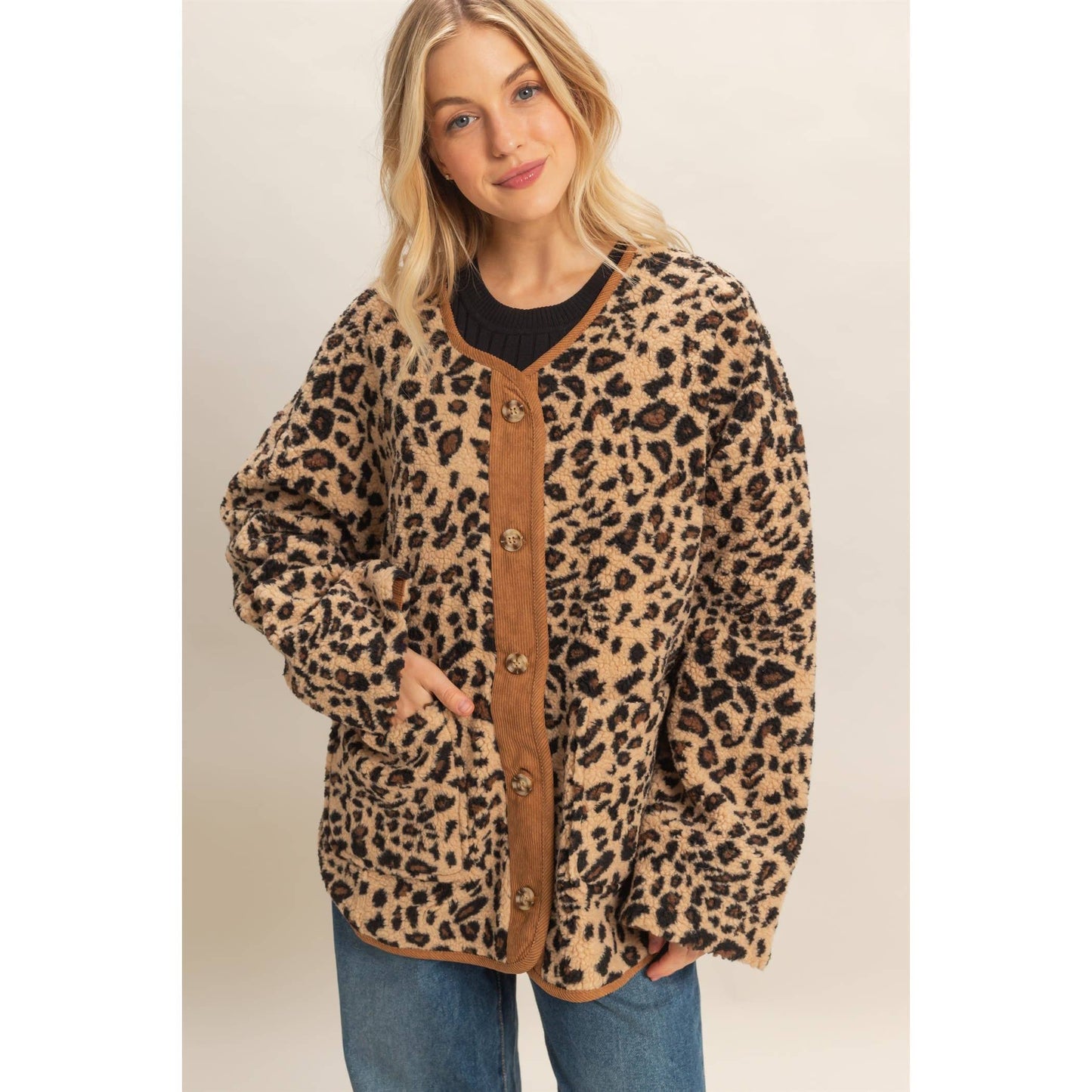Button Front Leopard Sherpa Jacket: TAUPE COMBO