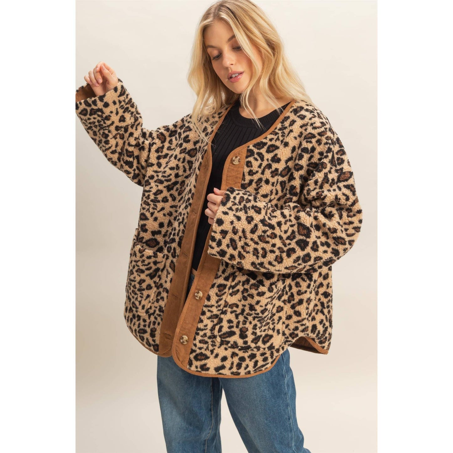 Button Front Leopard Sherpa Jacket: TAUPE COMBO