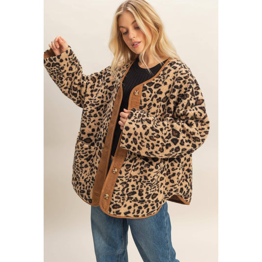 Button Front Leopard Sherpa Jacket: TAUPE COMBO