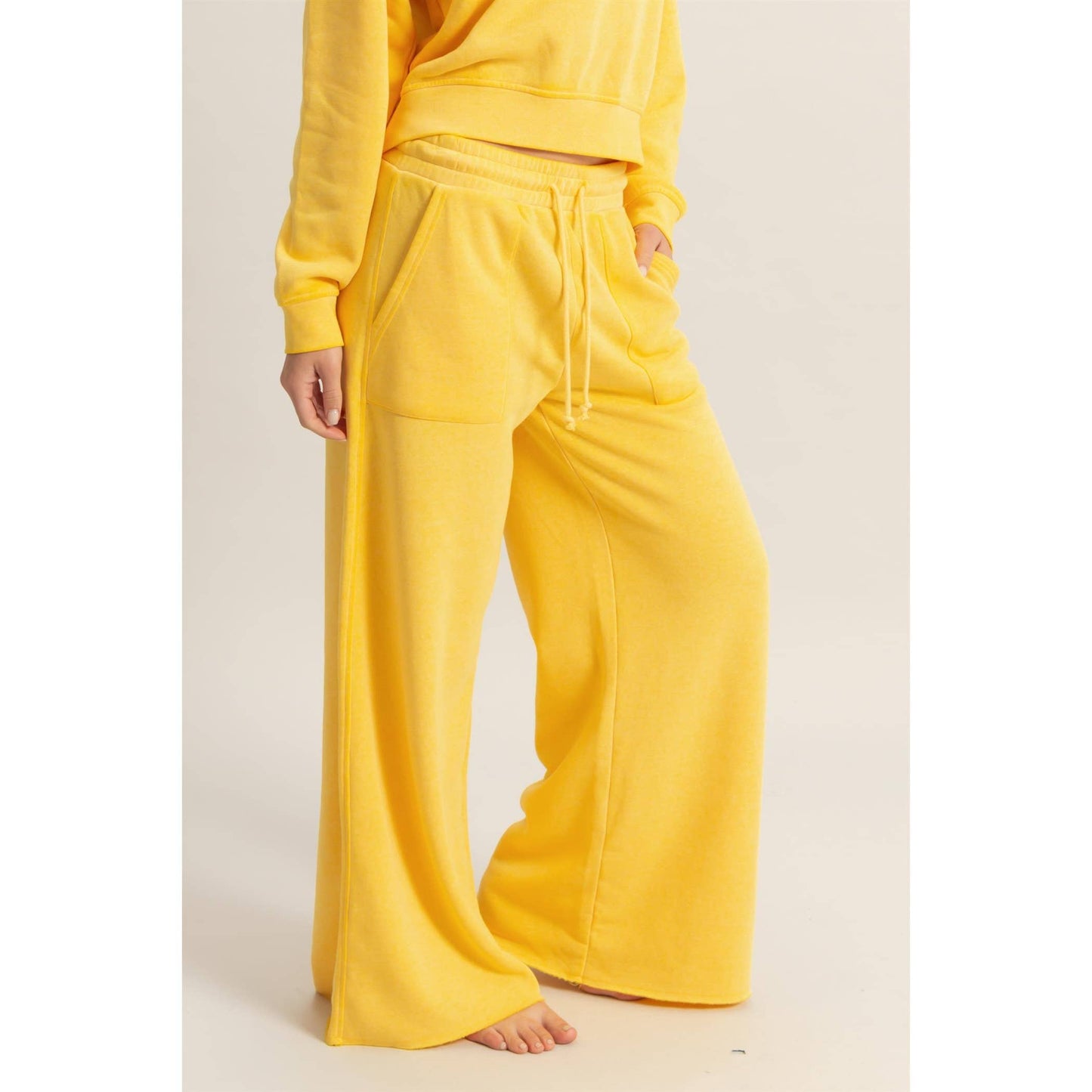 High Rise Wide Leg Drawstring Pants: SUNFLOWER