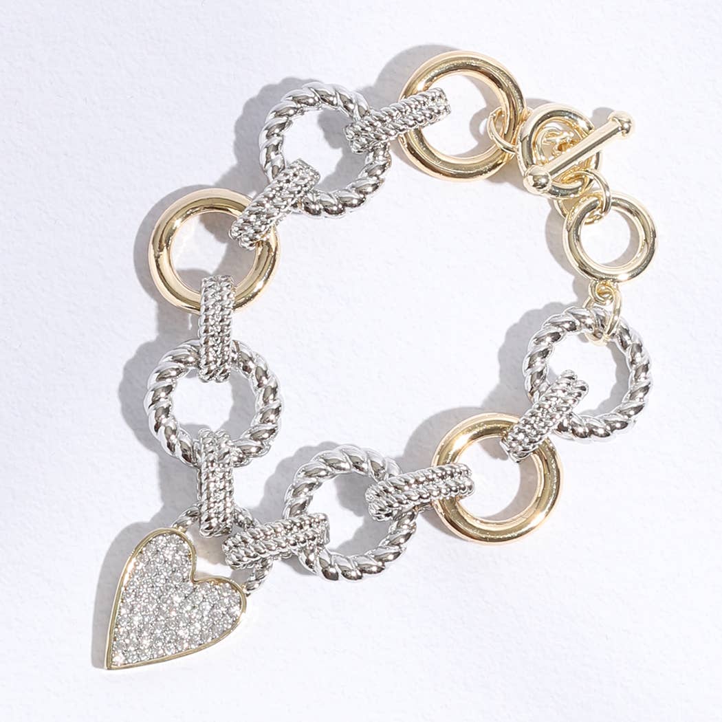 Pave Heart Charm Link Chain Bracelet: BK / ONE SIZE