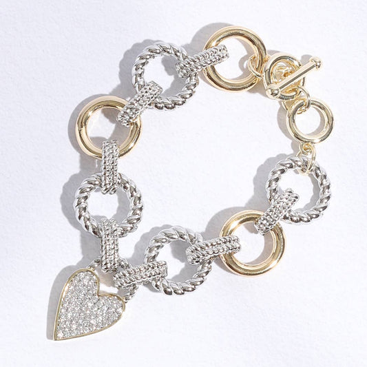 Pave Heart Charm Link Chain Bracelet: BK / ONE SIZE