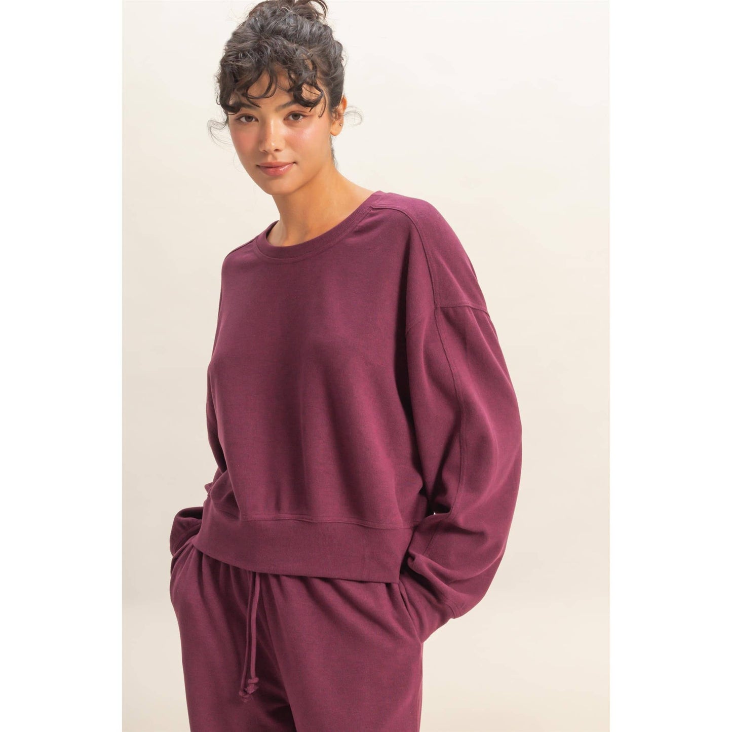 Soft Ribbed Relaxed Fit Sweatshirt: DARK CHERRY /