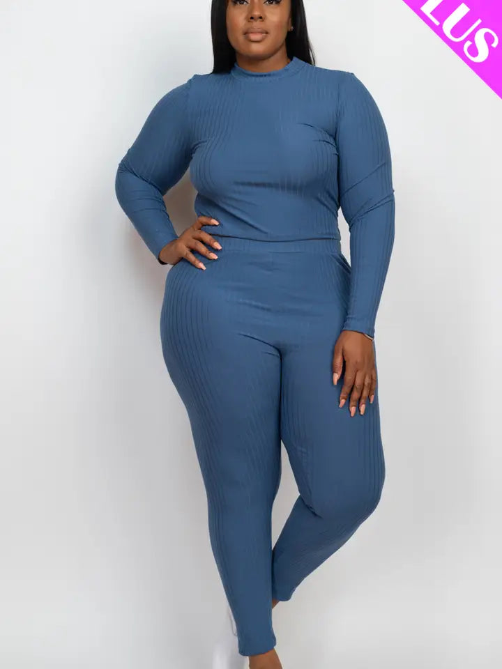 Blue Plus size Ribbed Mock Neck and Legging Set