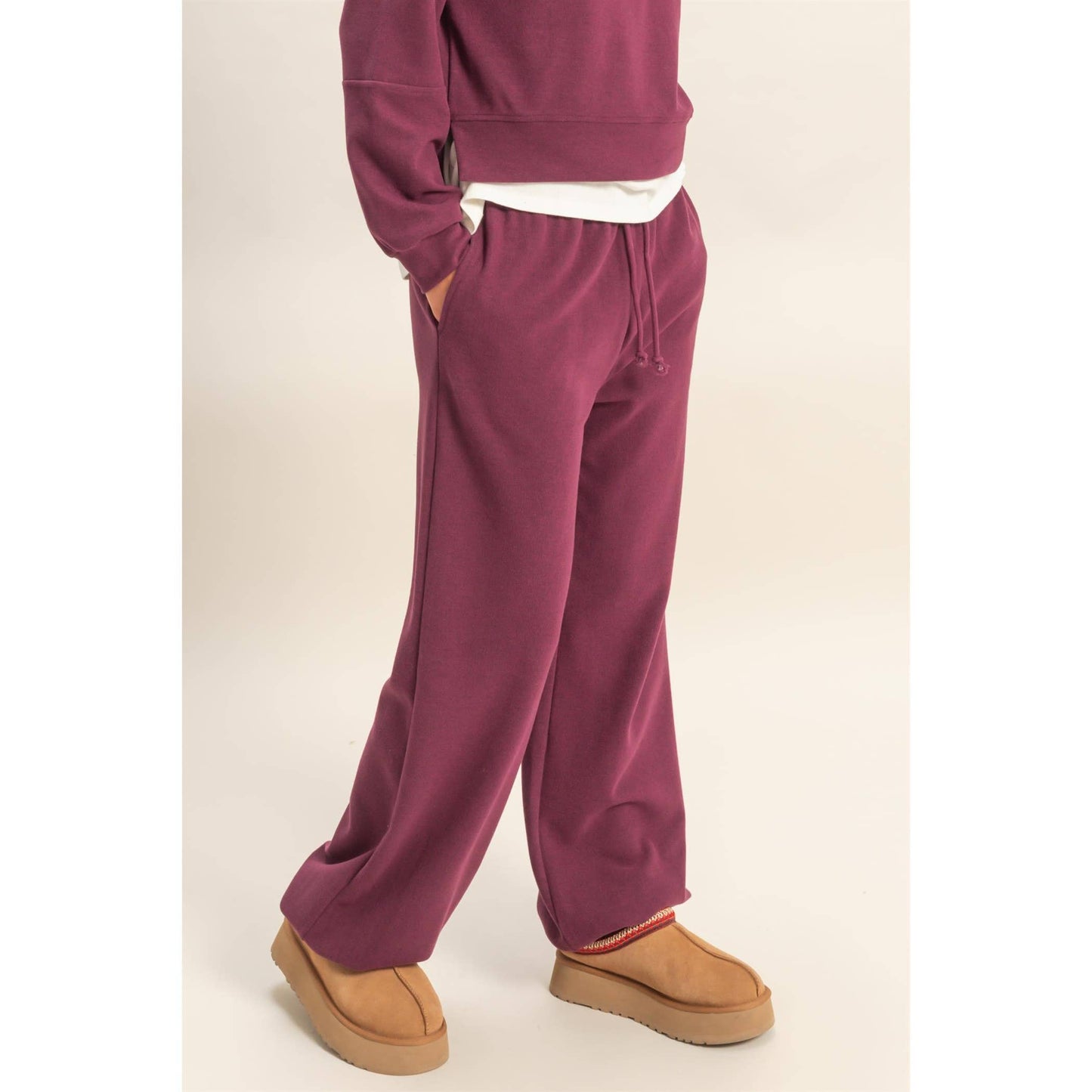 Soft Ribbed Comfort Fit Drawstring Jogger Pants: DARK CHERRY /