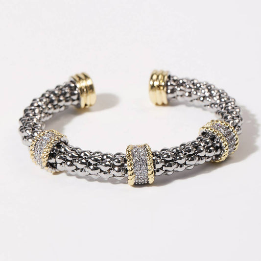 CZ Two-Tone Band Charm Gold Plated Bangle Bracelet: BG / ONE SIZE