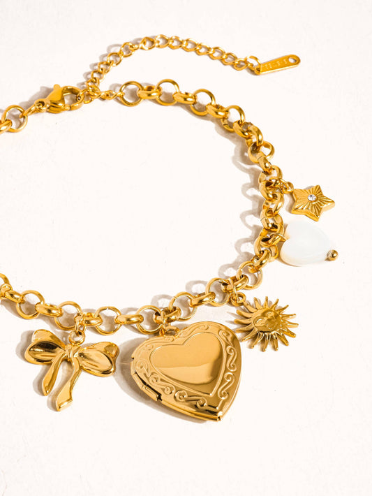 Eydn 18K Non-Tarnish Heart Locket Charm Bracelet: Yellow Gold