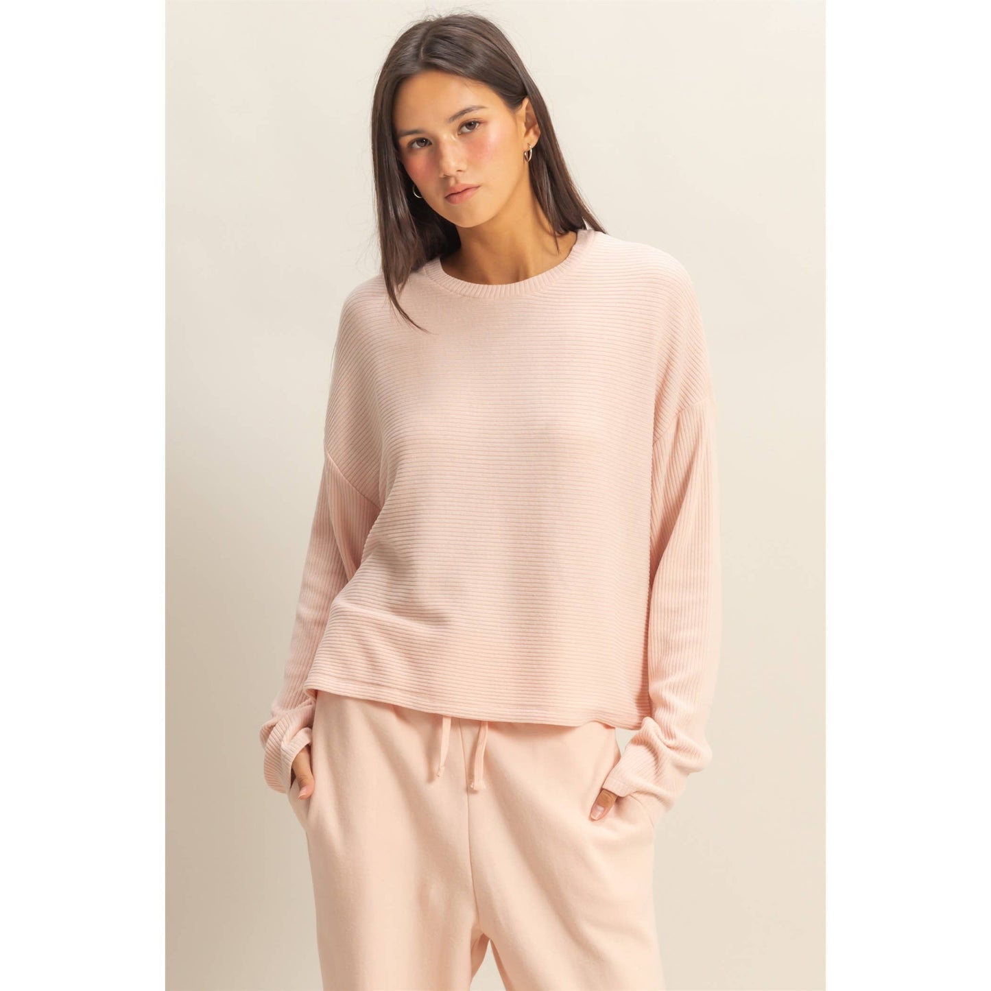 Drop Shoulder Ribbed Long Sleeve Top: DUSTY PINK