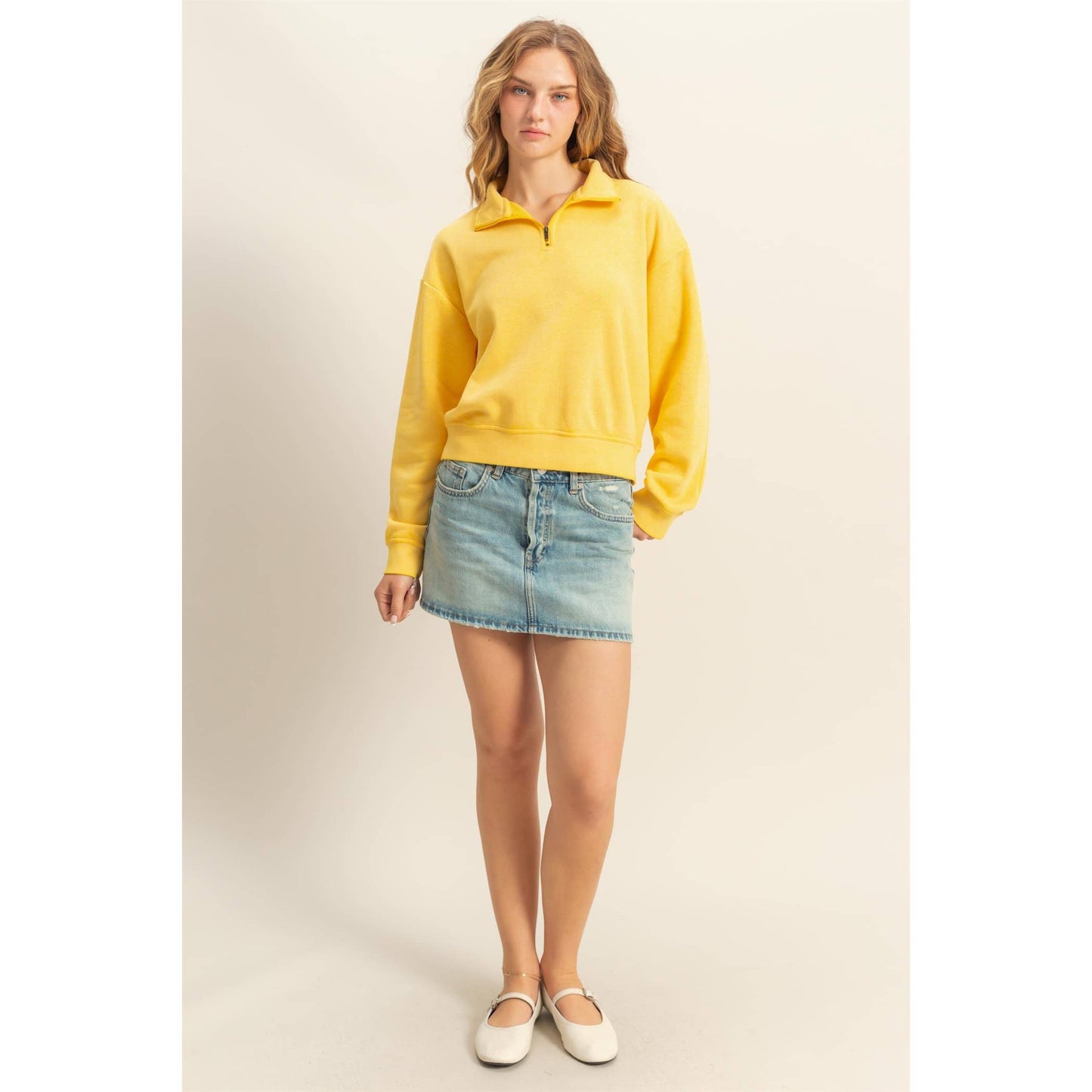 Pullover Half Zip Up Terry Sweatshirt: SUNFLOWER