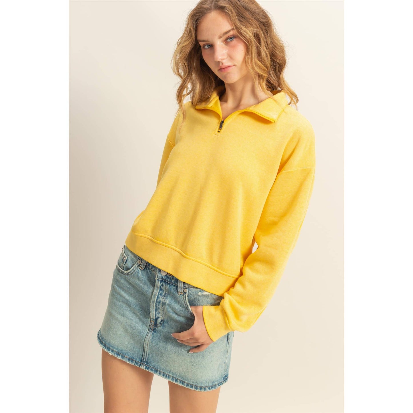 Pullover Half Zip Up Terry Sweatshirt: SUNFLOWER