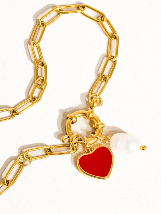 Eulalie 18K Gold Non-Tarnish Heart Pearl Chain Bracelet: Red