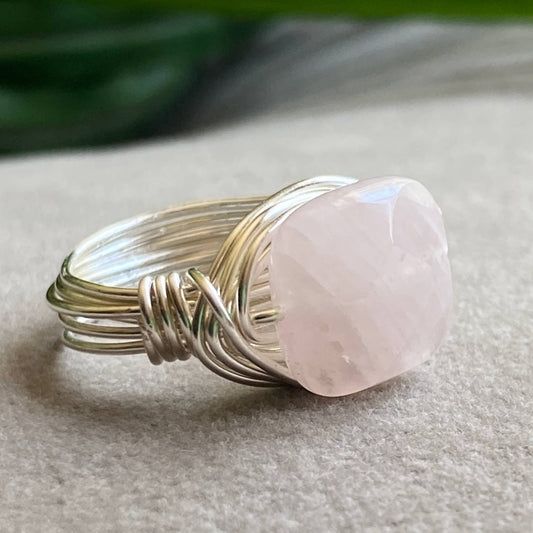 Rose Quartz Ring Silver Wire Wrapped Healing: Sterling Silver Plated / 7