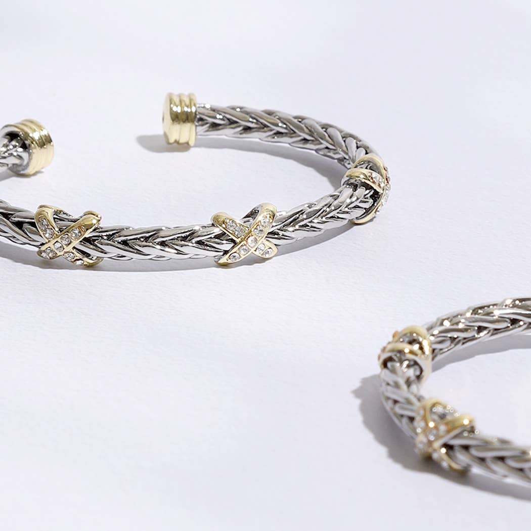 Three CZ X Stations Braided Bangle Bracelet: MULTI / ONE SIZE