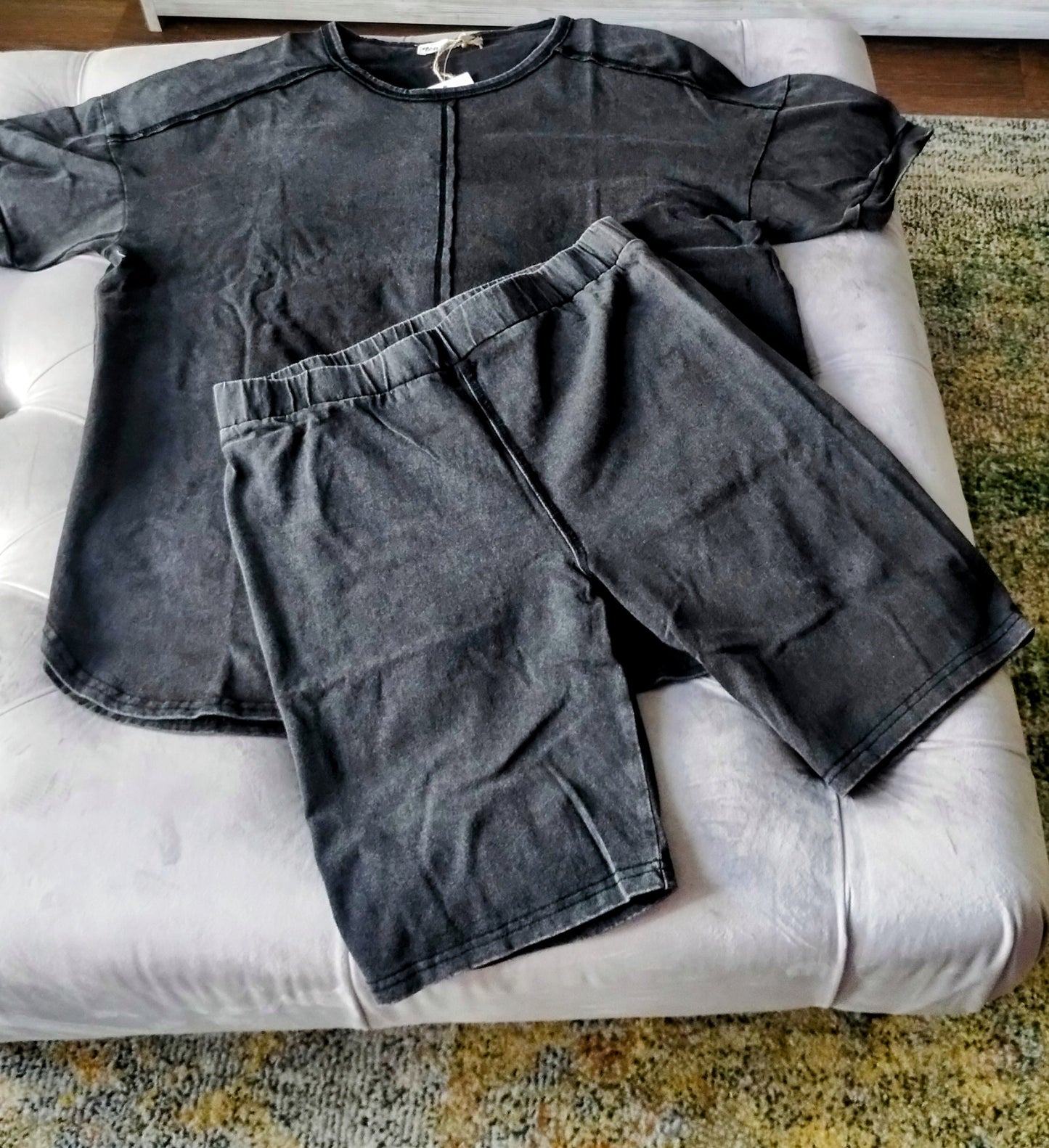Comfy 2- Piece Washed Biker Set Top & Shorts: Black